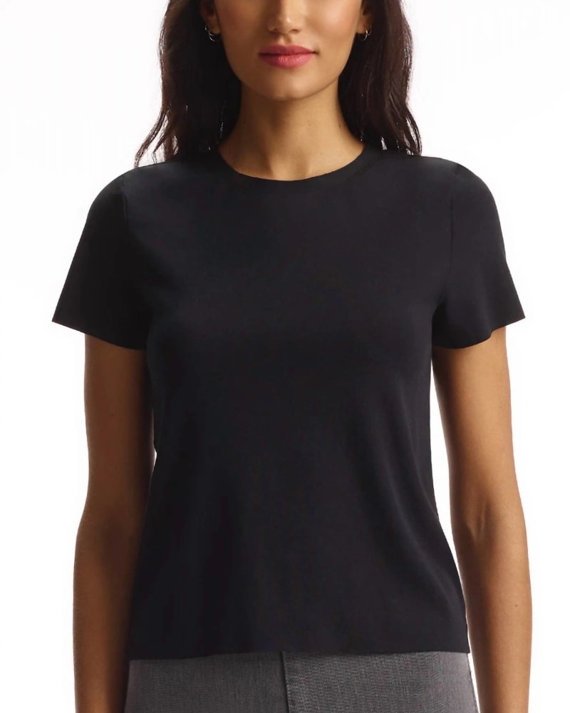Front of a model wearing a size Large Essential Cotton Crewneck Tee in Black in Black by Commando. | dia_product_style_image_id:336666